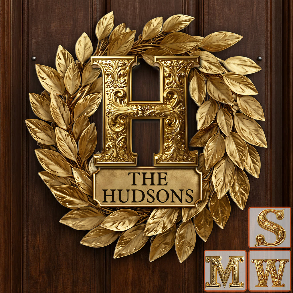 Custom Family Initial Gold Wreath - Personalized Family Cut Metal Sign