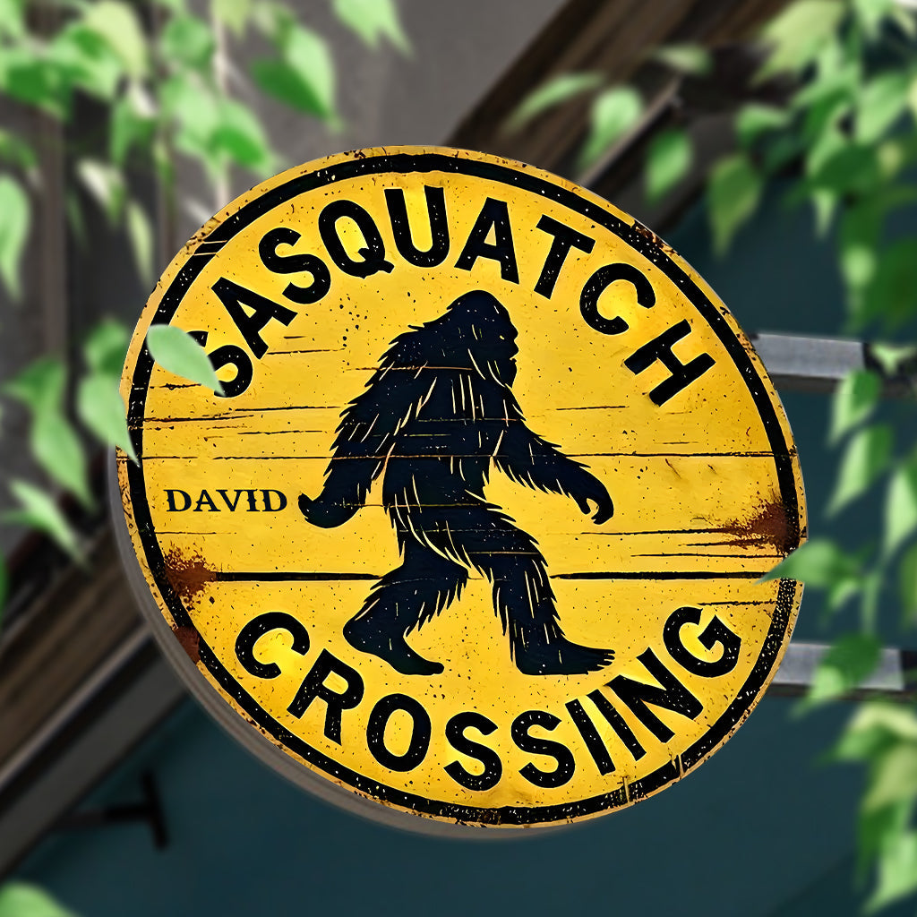 Warning Sasquatch Crossing Sign - Personalized Hiking Round Metal Sign