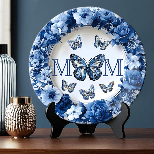 Classic Blue & White Butterfly Mother's Day Gift - Personalized Mother Ceramic Round Plate