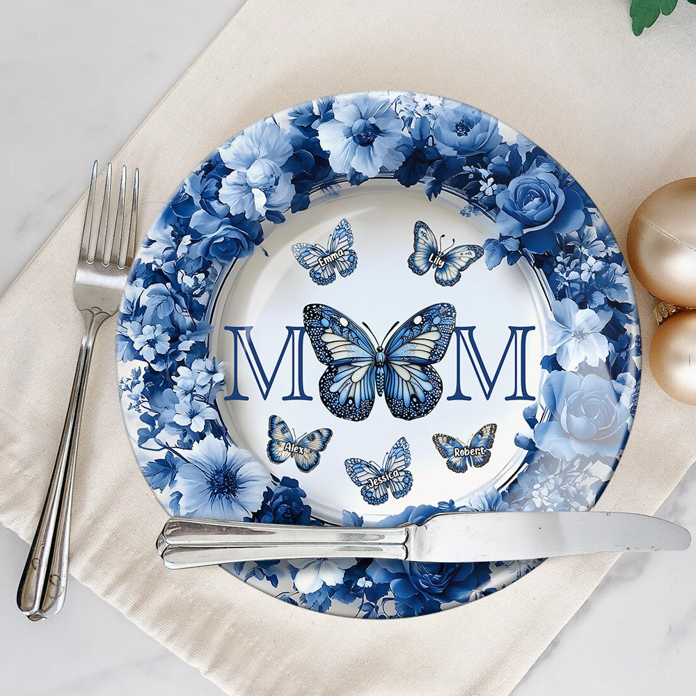 Classic Blue & White Butterfly Mother's Day Gift - Personalized Mother Ceramic Round Plate