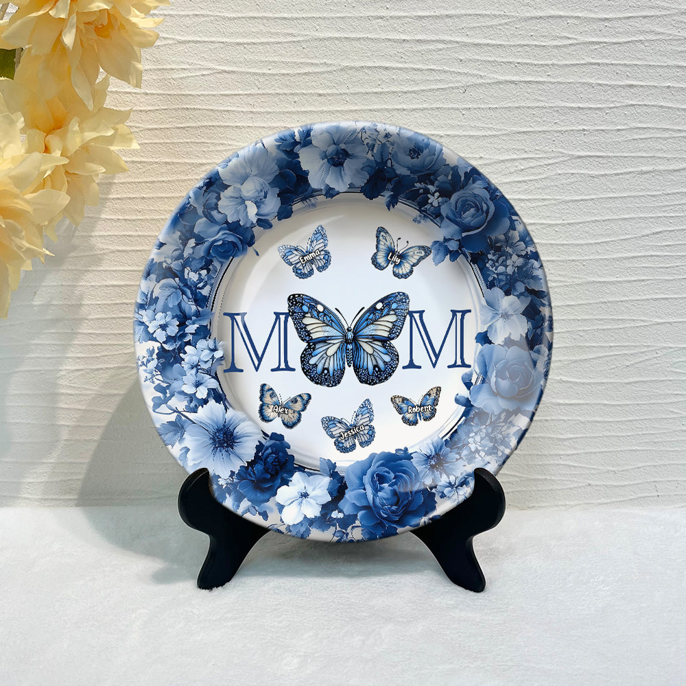 Classic Blue & White Butterfly Mother's Day Gift - Personalized Mother Ceramic Round Plate