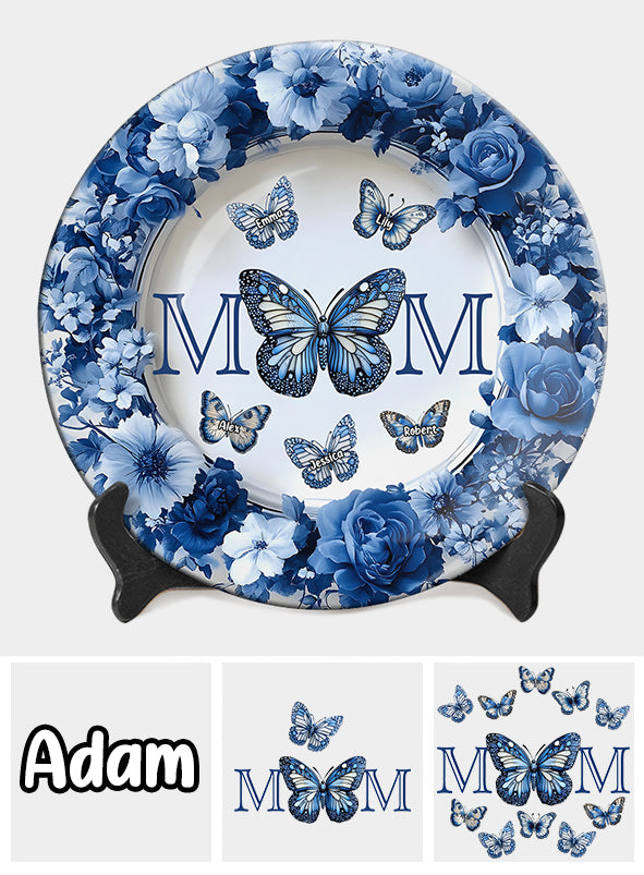 Classic Blue & White Butterfly Mother's Day Gift - Personalized Mother Ceramic Round Plate