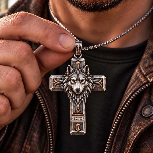 Wolf Guardian Cross Necklace - Personalized Wolf Shaped Metal Pendant Necklace