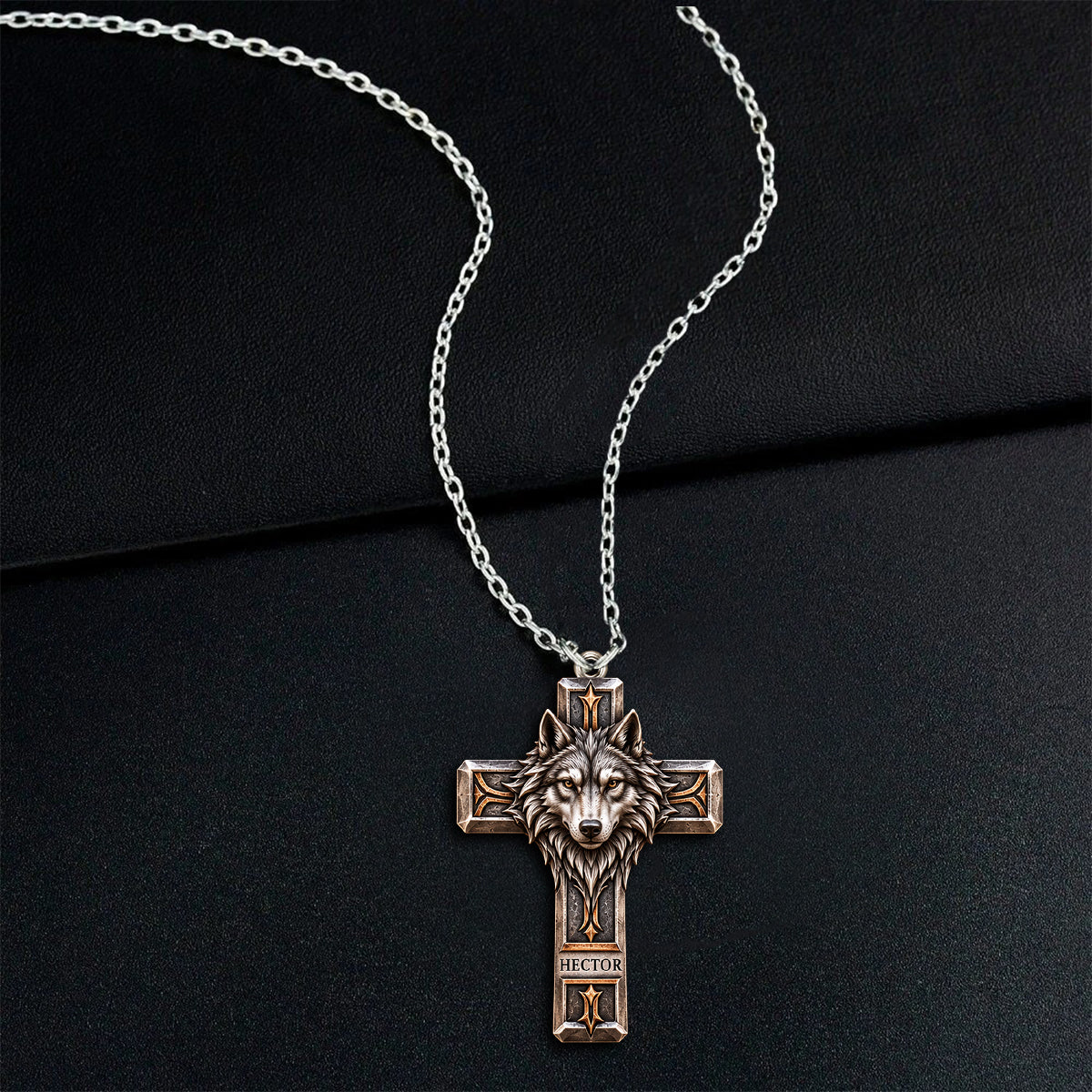 Wolf Guardian Cross Necklace - Personalized Wolf Shaped Metal Pendant Necklace