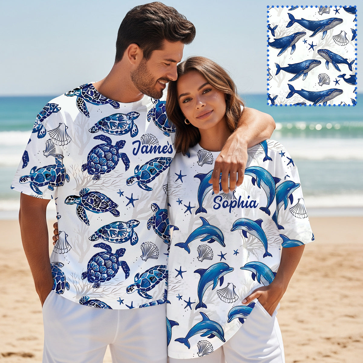 Toile De Jouy Patterm, Blue Dolphin, Turtle,... - Personalized Sea Lover All Over Shirt