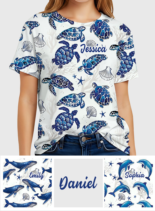 Toile De Jouy Patterm, Blue Dolphin, Turtle,... - Personalized Sea Lover All Over Shirt