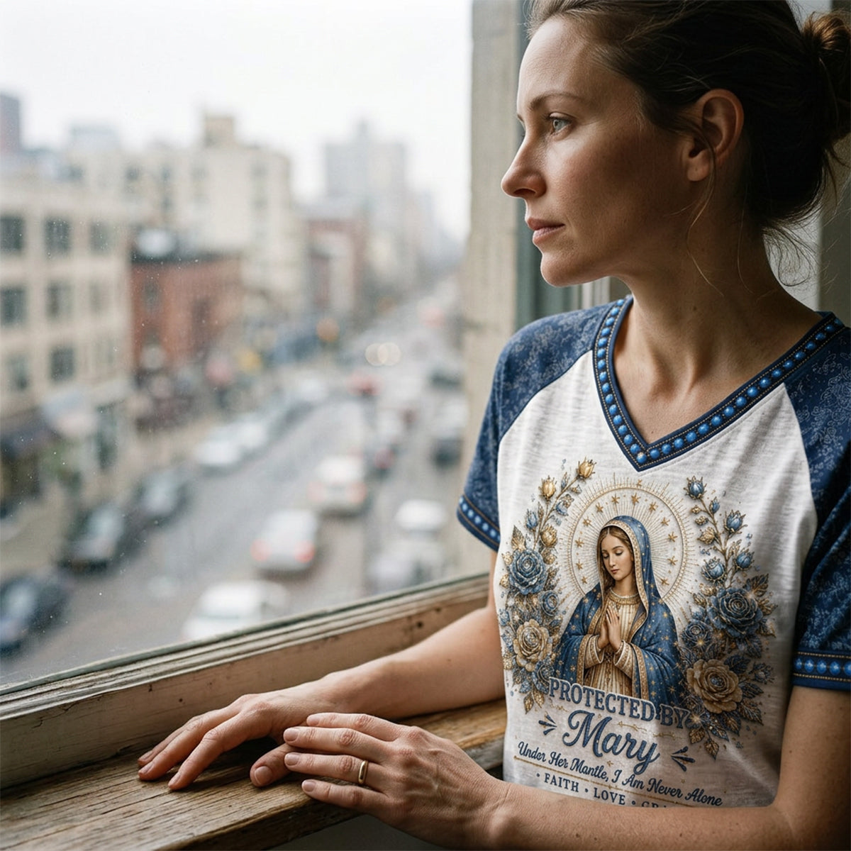 Protected By Mary - Personalized Christian Fully Printed V-Neck T-Shirt
