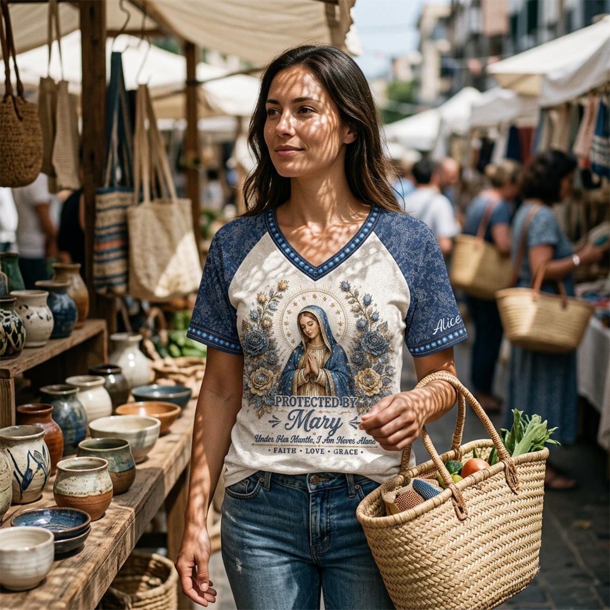 Protected By Mary - Personalized Christian Fully Printed V-Neck T-Shirt