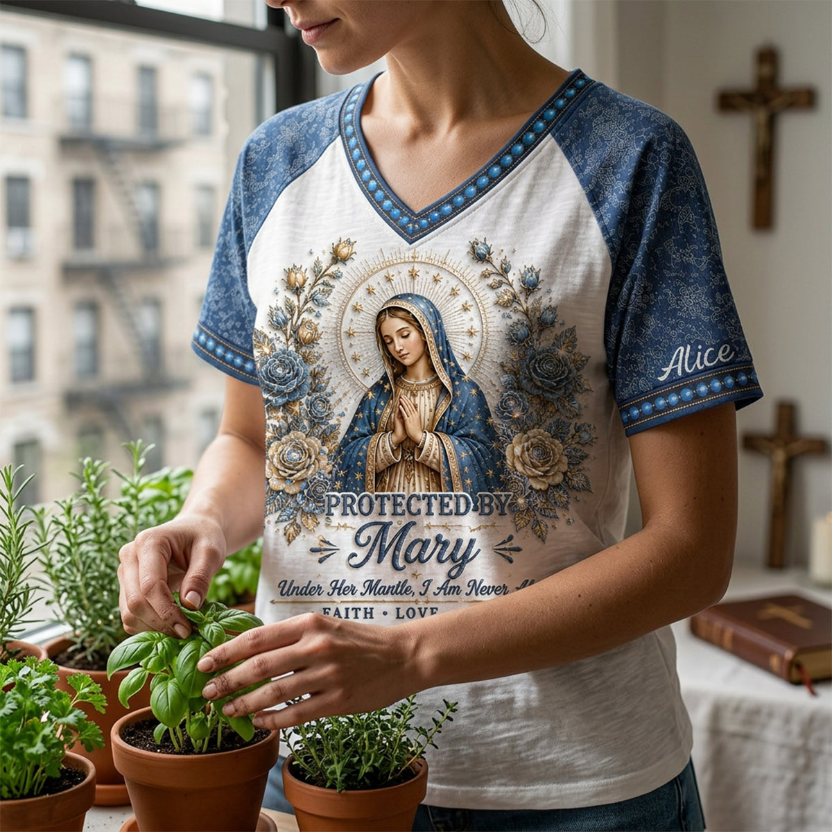 Protected By Mary - Personalized Christian Fully Printed V-Neck T-Shirt