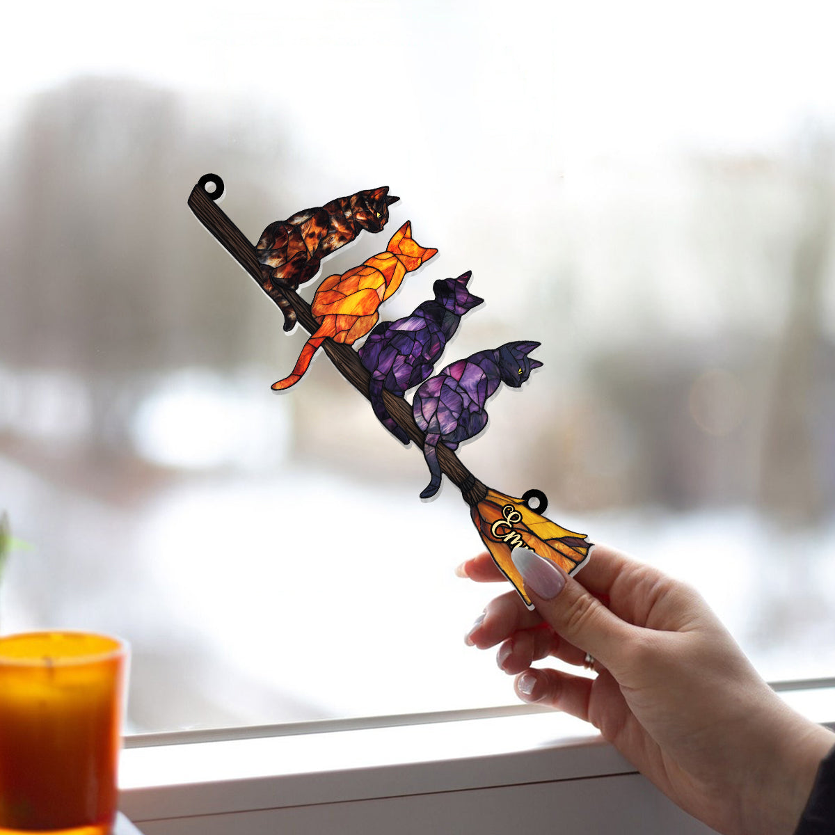 Mystery Cat - Personalized Witch Window Hanging Suncatcher Ornament