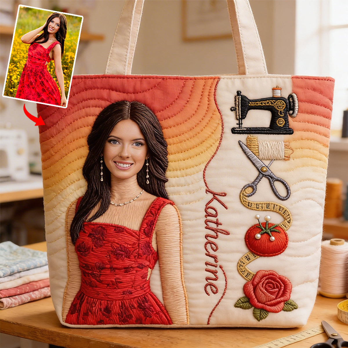 Any Photo Love Sewing - Personalized Sewing Quilted Tote Bag