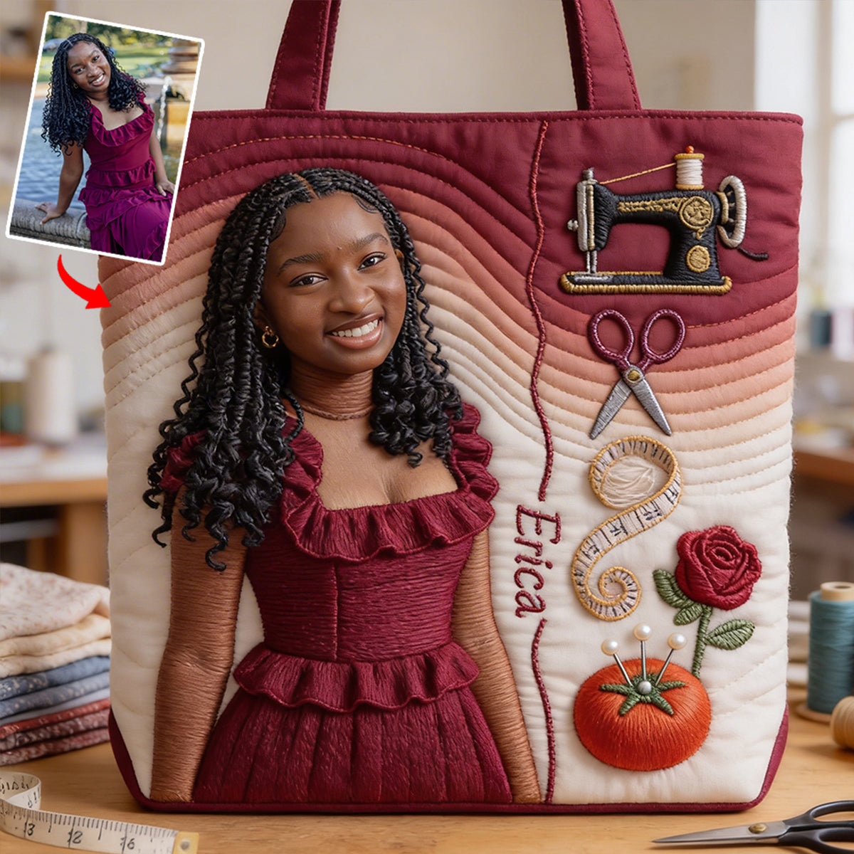 Any Photo Love Sewing - Personalized Sewing Quilted Tote Bag