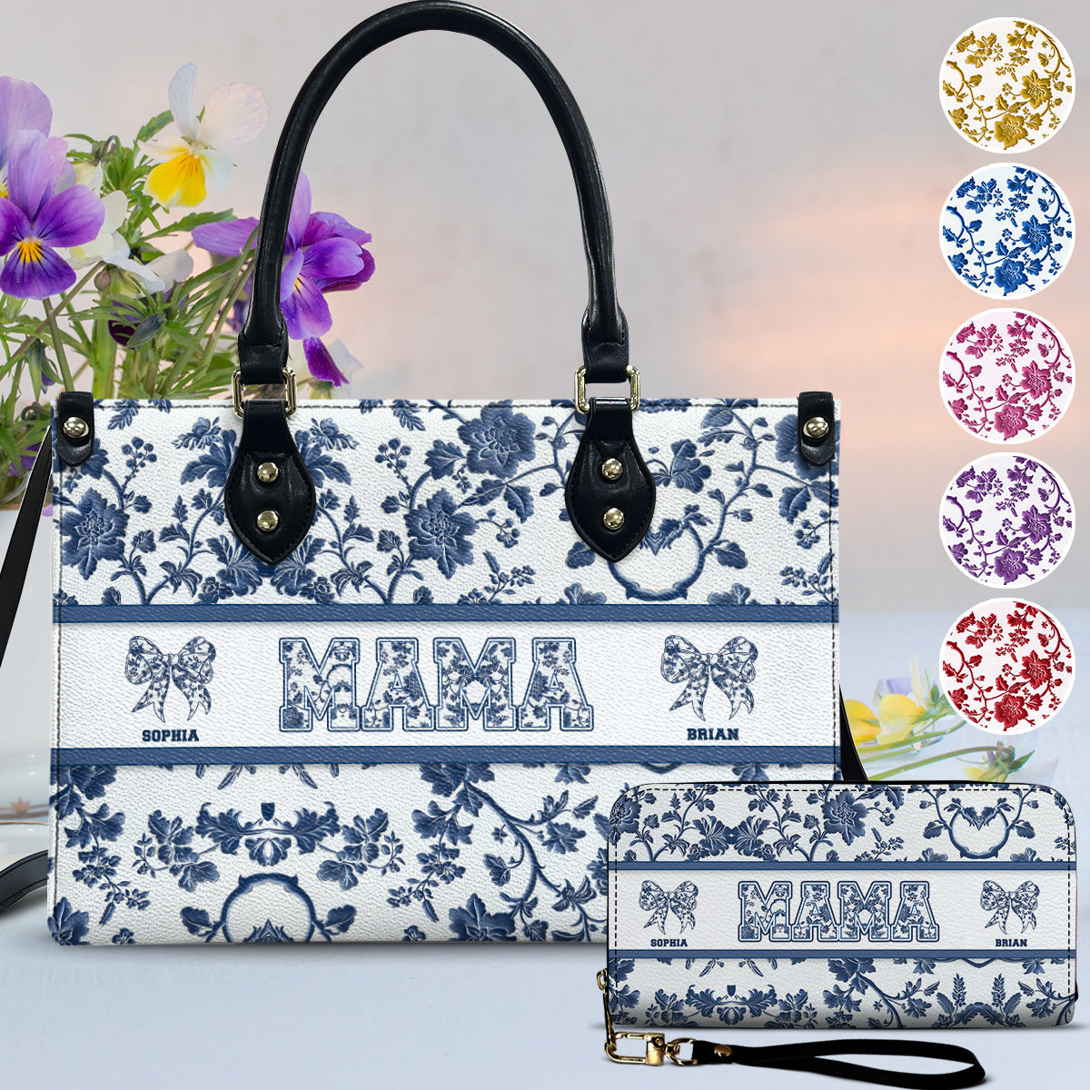 Toile De Jouy Mom - Personalized Mother Leather Handbag & Leather Long Wallet