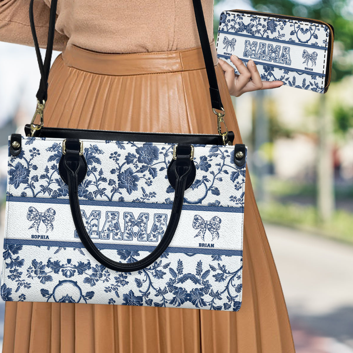 Toile De Jouy Mom - Personalized Mother Leather Handbag & Leather Long Wallet
