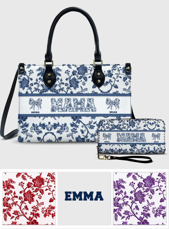 Toile De Jouy Mom - Personalized Mother Leather Handbag & Leather Long Wallet