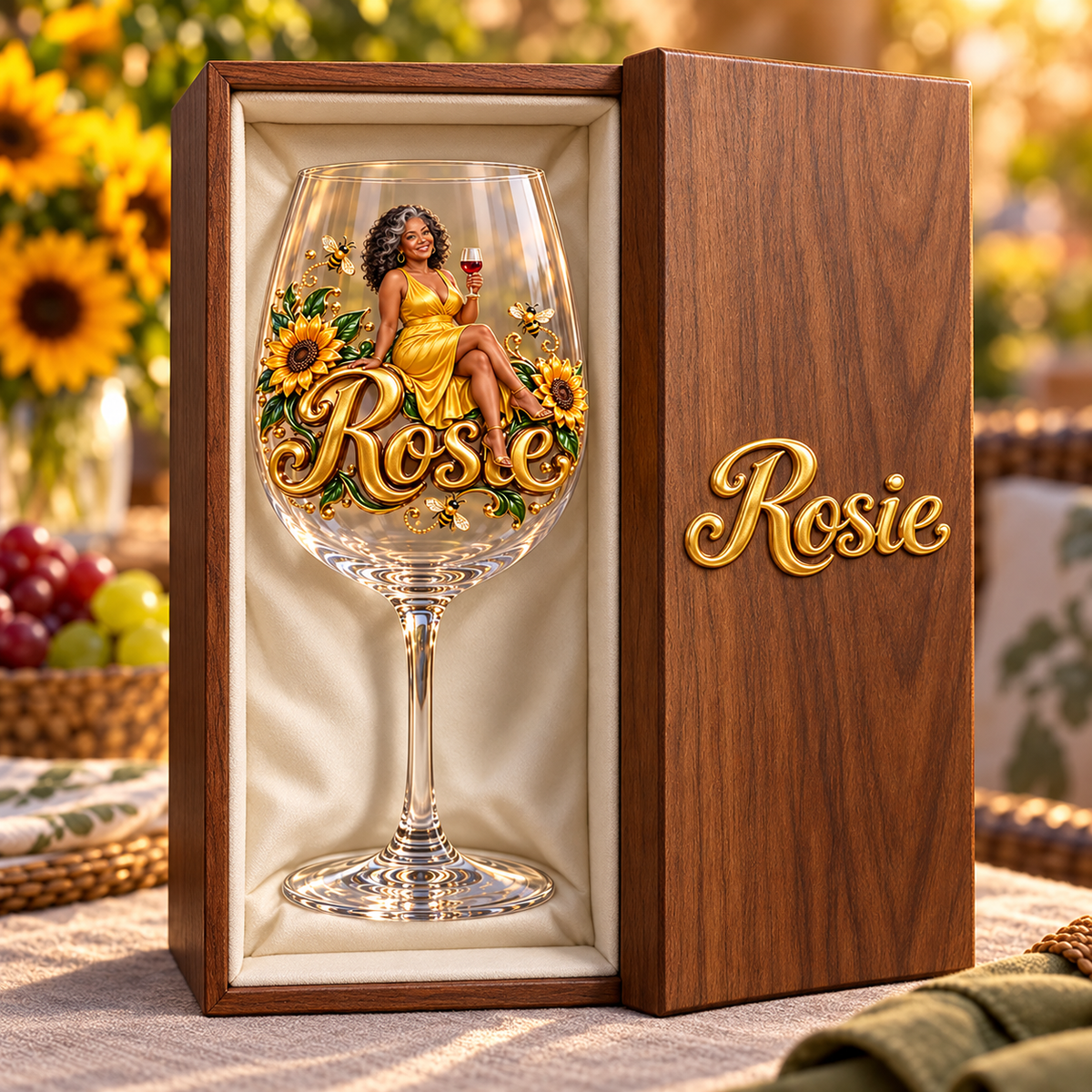 Personalized Custom Photo Sunflower Wine Glass - Gift for Older Women