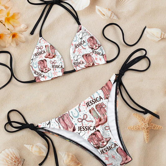Coquette Cowgirl Boots and Bows - Personalized Cowgirl Triangle Bikini Swimsuit