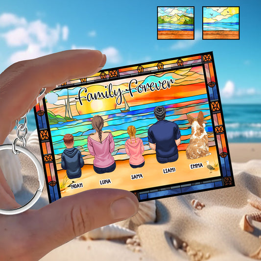 Family Sitting Back View Beautiful Ocean - Personalized Family Keychain