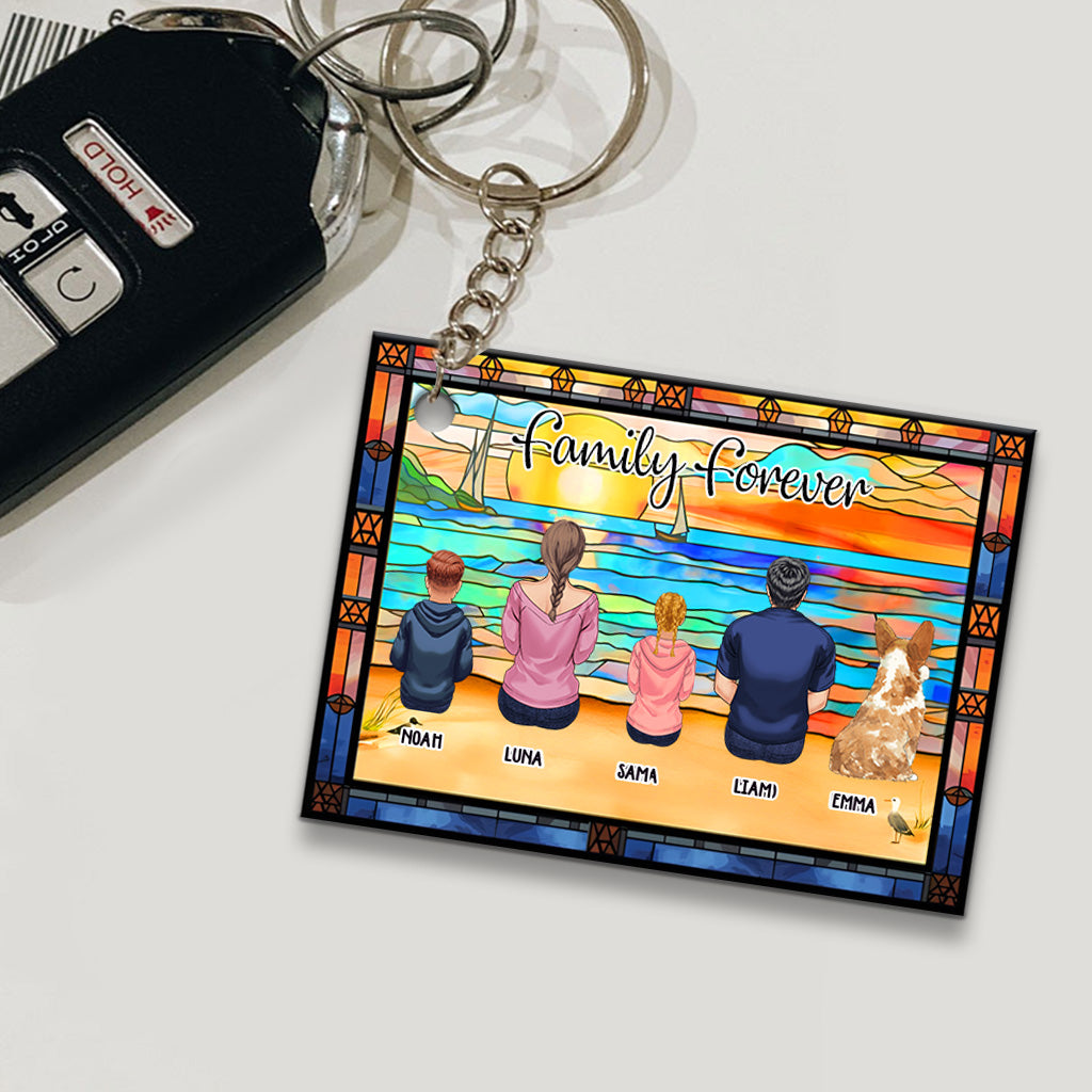 Family Sitting Back View Beautiful Ocean - Personalized Family Keychain