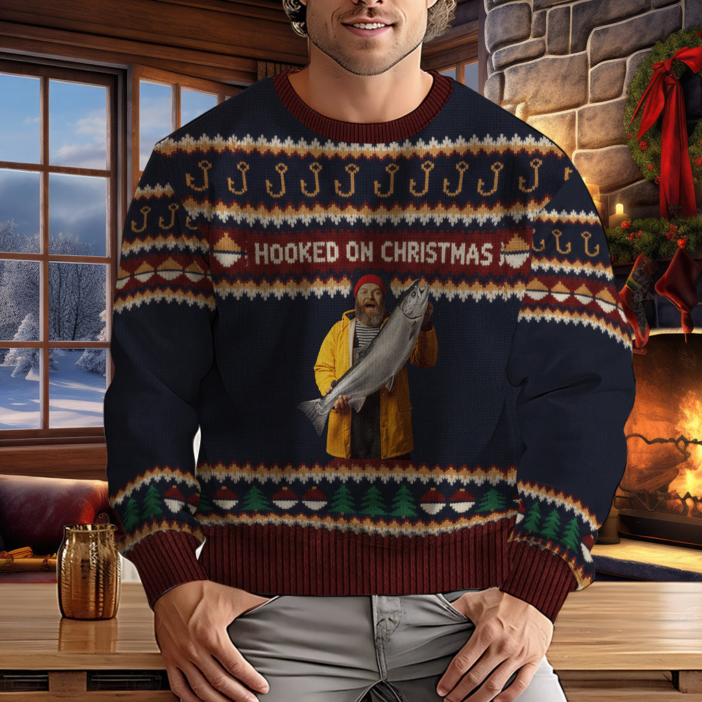 Hooked on Christmas - Personalized Fishing Ugly Sweater