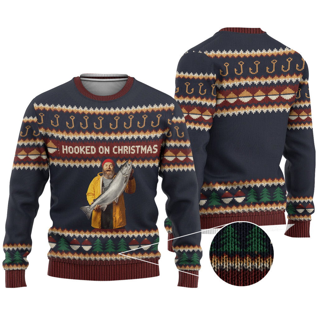 Hooked on Christmas - Personalized Fishing Ugly Sweater