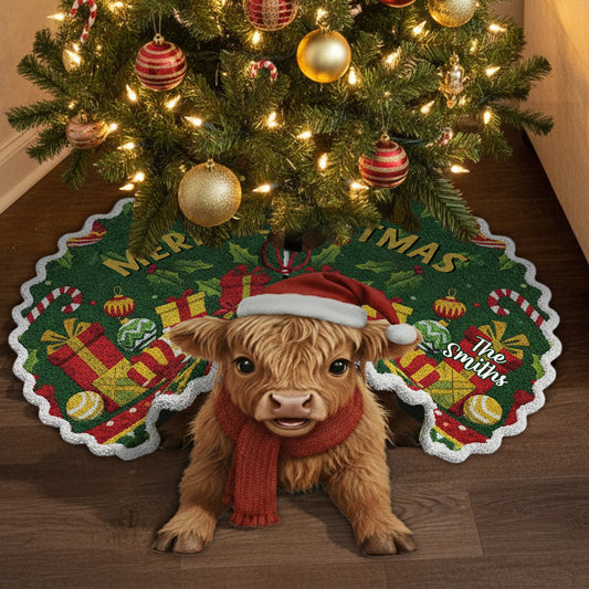Merry Christmas - Personalized Highland Cow Shaped Tree Skirt