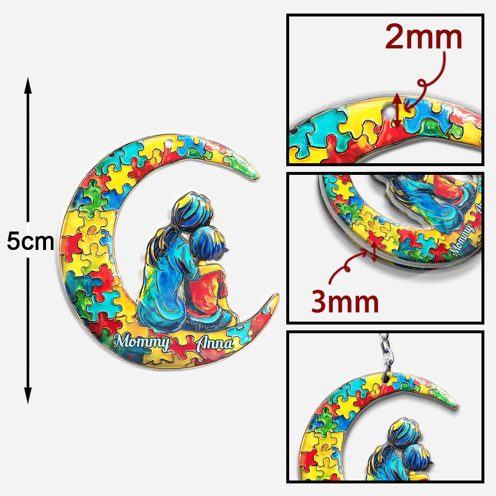 Autism Mom And Kid - I Love You To The Moon And Back - Personalized Autism Awareness Keychain