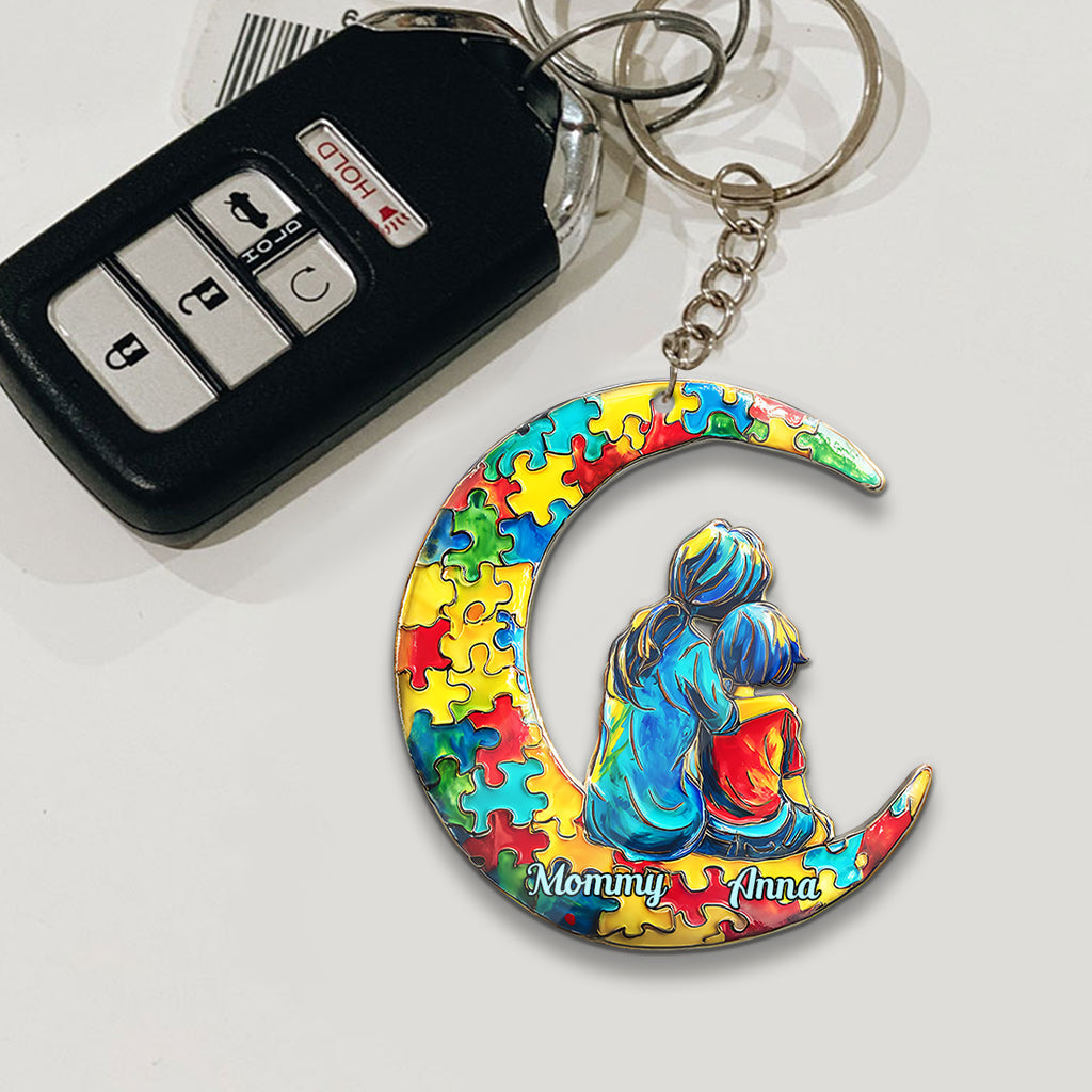 Autism Mom And Kid - I Love You To The Moon And Back - Personalized Autism Awareness Keychain
