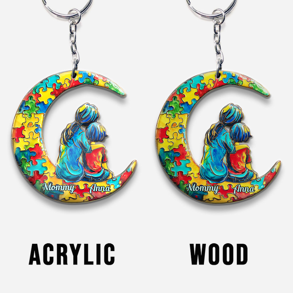 Autism Mom And Kid - I Love You To The Moon And Back - Personalized Autism Awareness Keychain