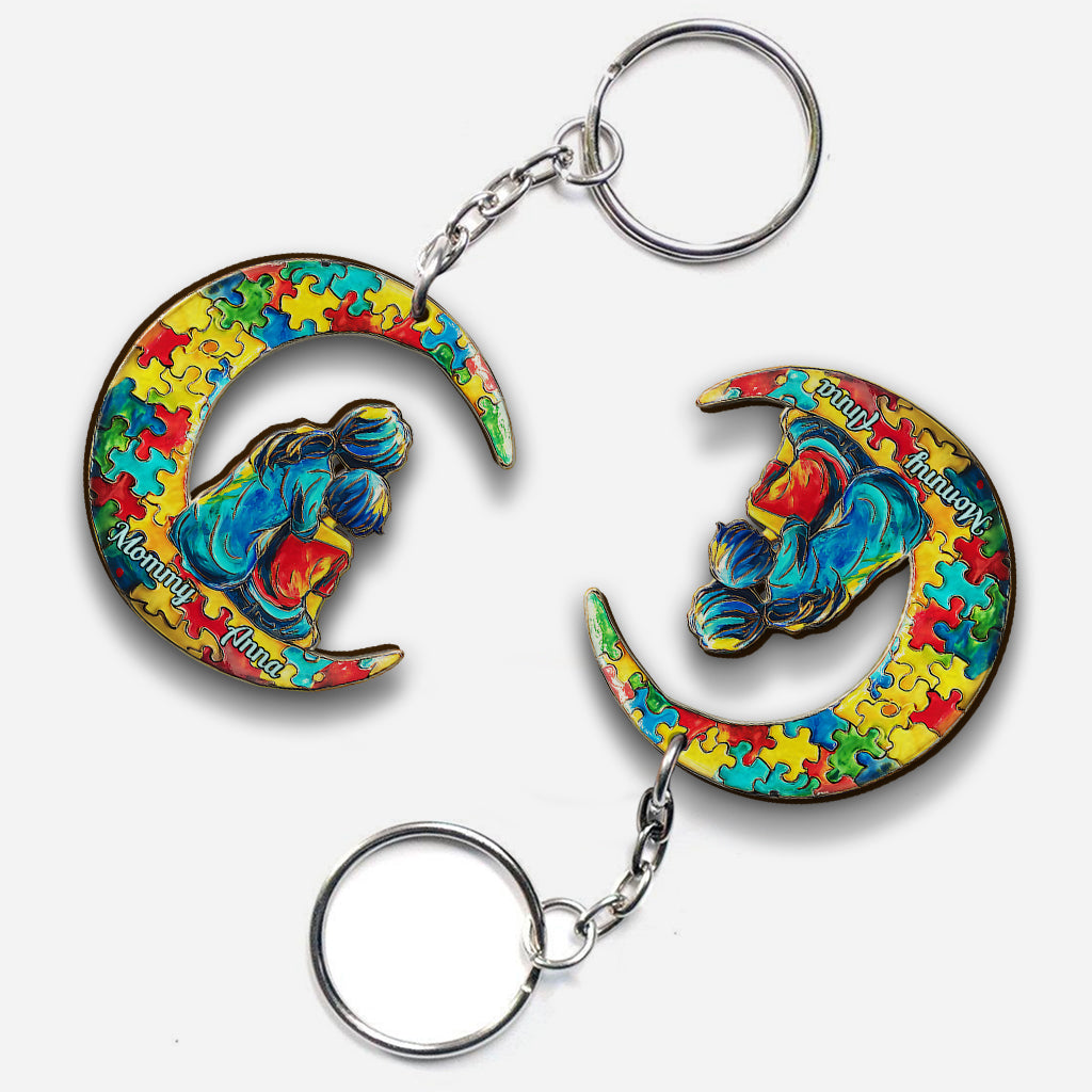 Autism Mom And Kid - I Love You To The Moon And Back - Personalized Autism Awareness Keychain