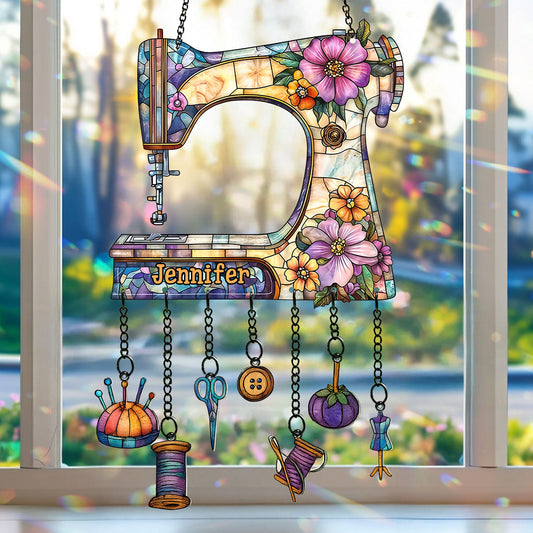 Beautiful Sewing Machine - Personalized Sewing Window Hanging Suncatcher With Charms