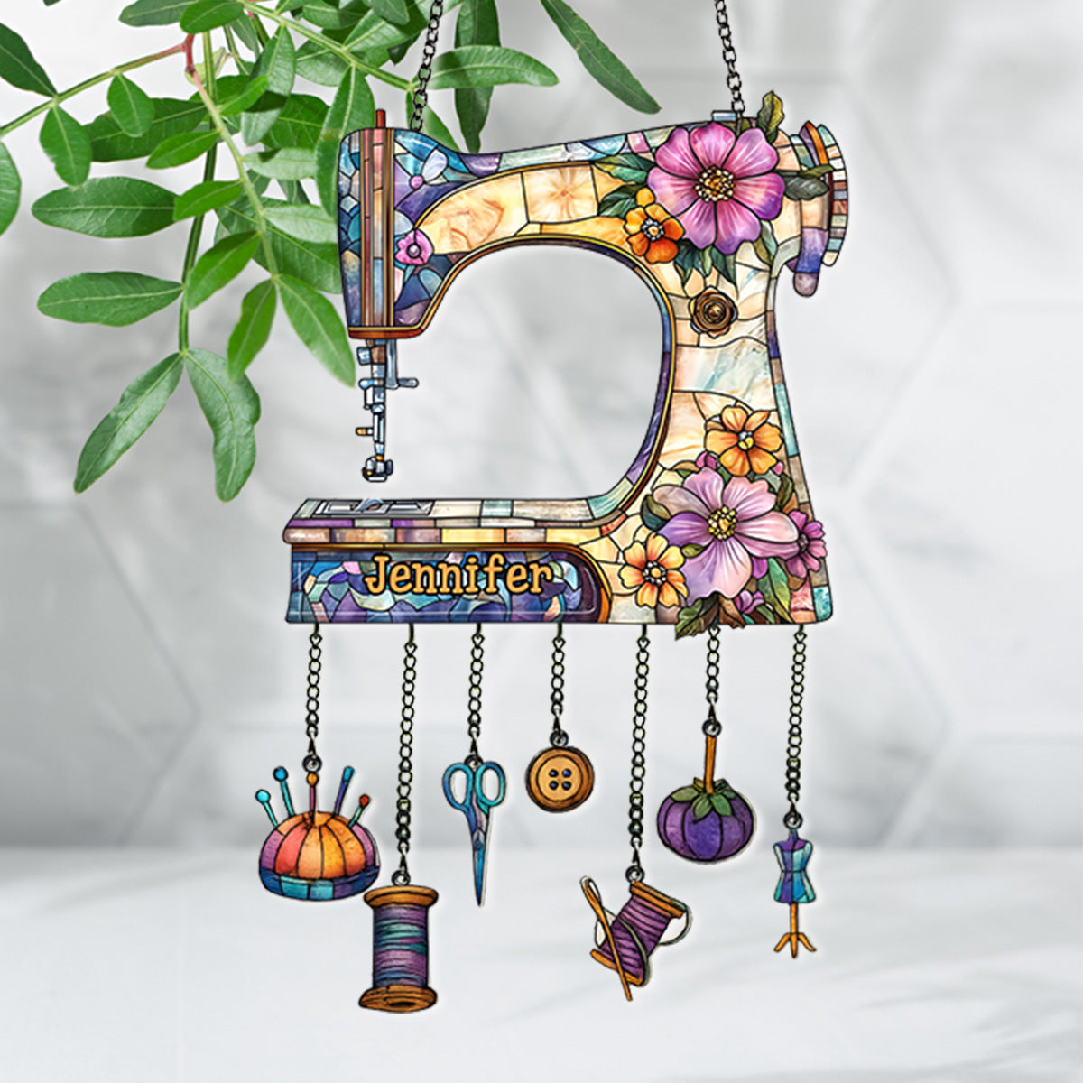 Beautiful Sewing Machine - Personalized Sewing Window Hanging Suncatcher With Charms