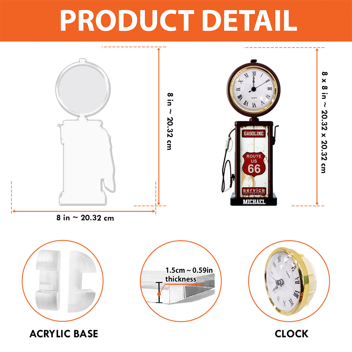 Historic Route 66 Gasoline - Personalized Muscle Car Acrylic Clock Plaque