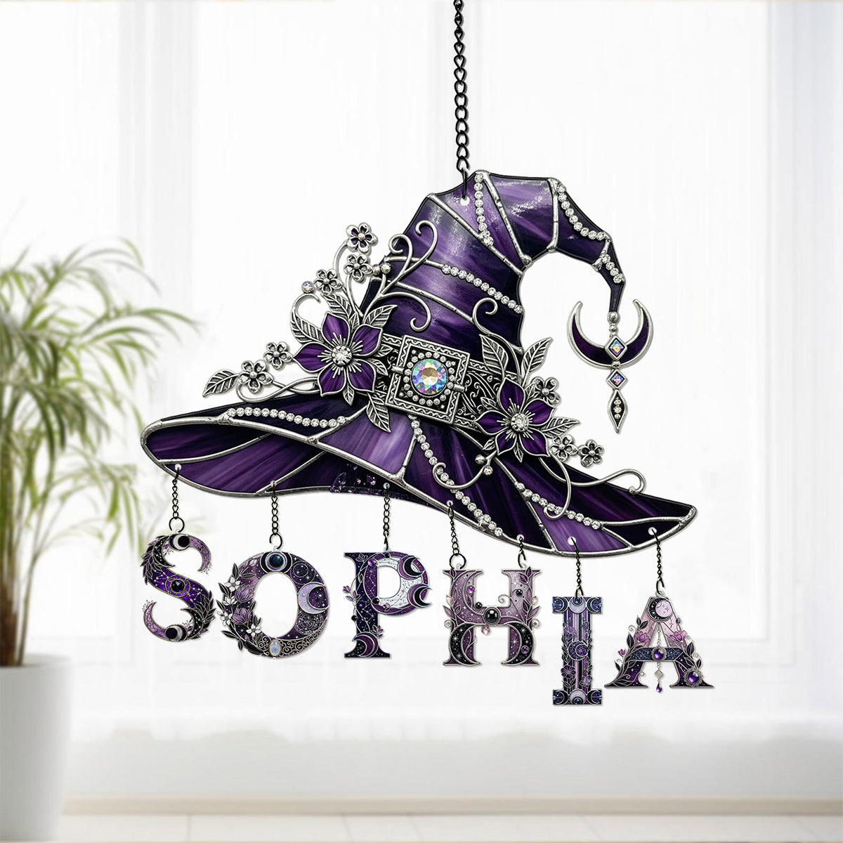 Floral With Hat - Personalized Witch Window Hanging Suncatcher With Custom Charms