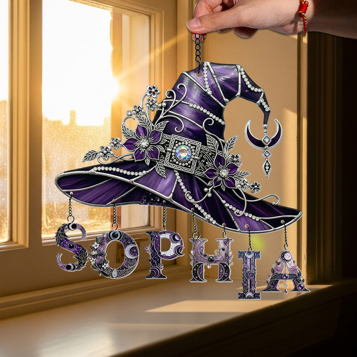 Floral With Hat - Personalized Witch Window Hanging Suncatcher With Custom Charms