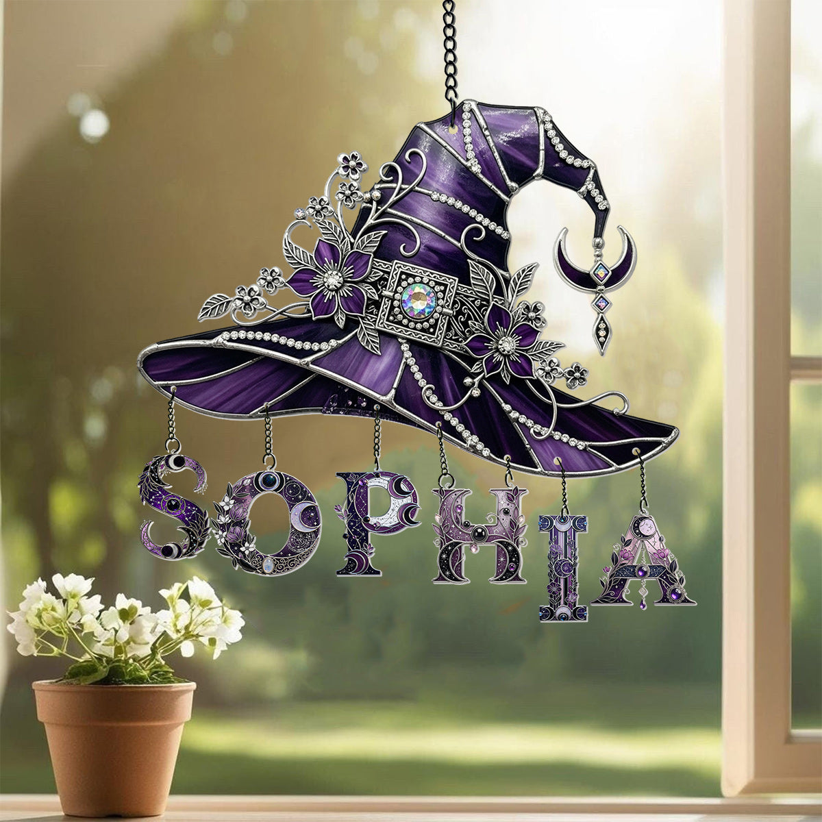 Floral With Hat - Personalized Witch Window Hanging Suncatcher With Custom Charms