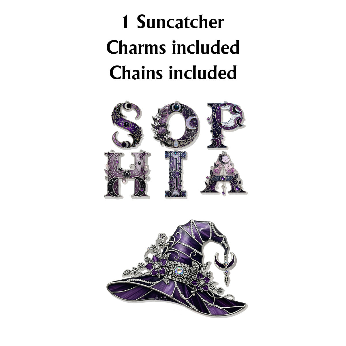 Floral With Hat - Personalized Witch Window Hanging Suncatcher With Custom Charms