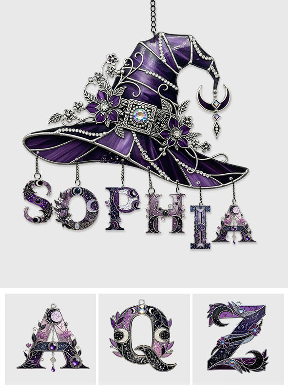 Floral With Hat - Personalized Witch Window Hanging Suncatcher With Custom Charms