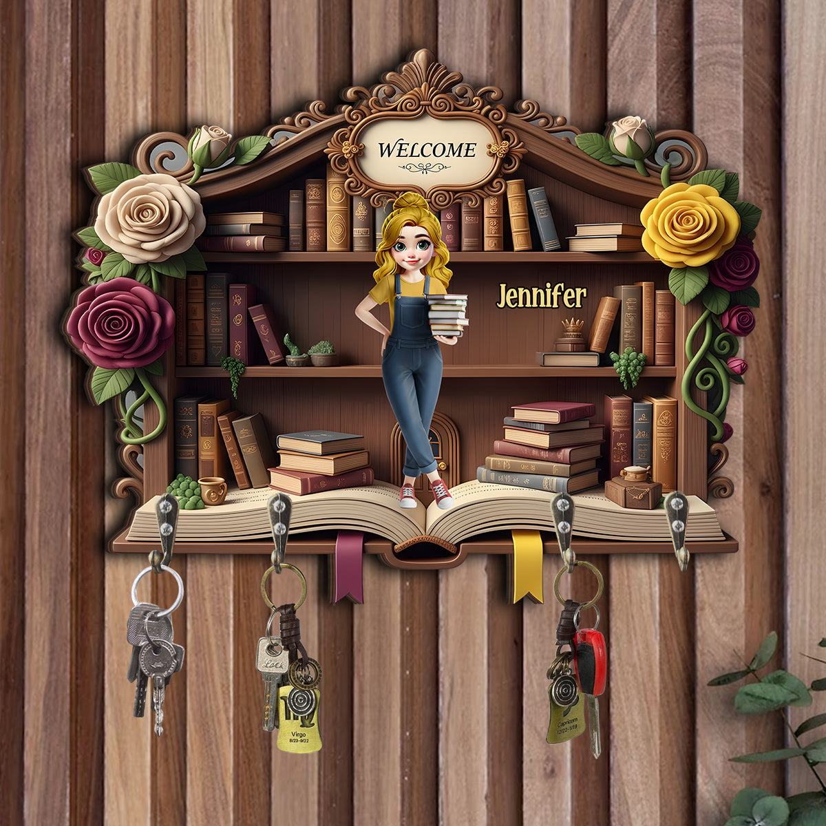 Welcome To My Happy Place - Personalized Book Custom Shaped Key Rack