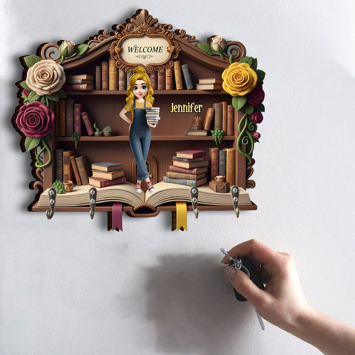 Welcome To My Happy Place - Personalized Book Custom Shaped Key Rack