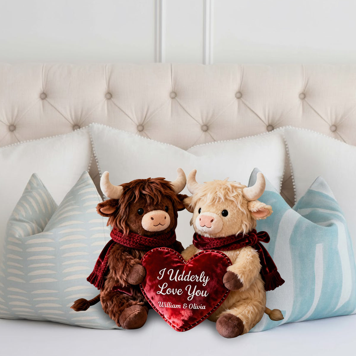 Romantic Plush Cows Holding Heart - Personalized Highland Cow Faux Fur Shaped Pillow