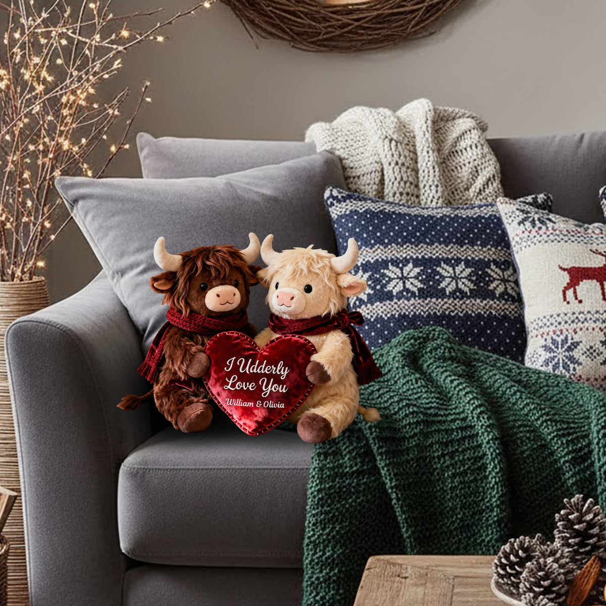 Romantic Plush Cows Holding Heart - Personalized Highland Cow Faux Fur Shaped Pillow