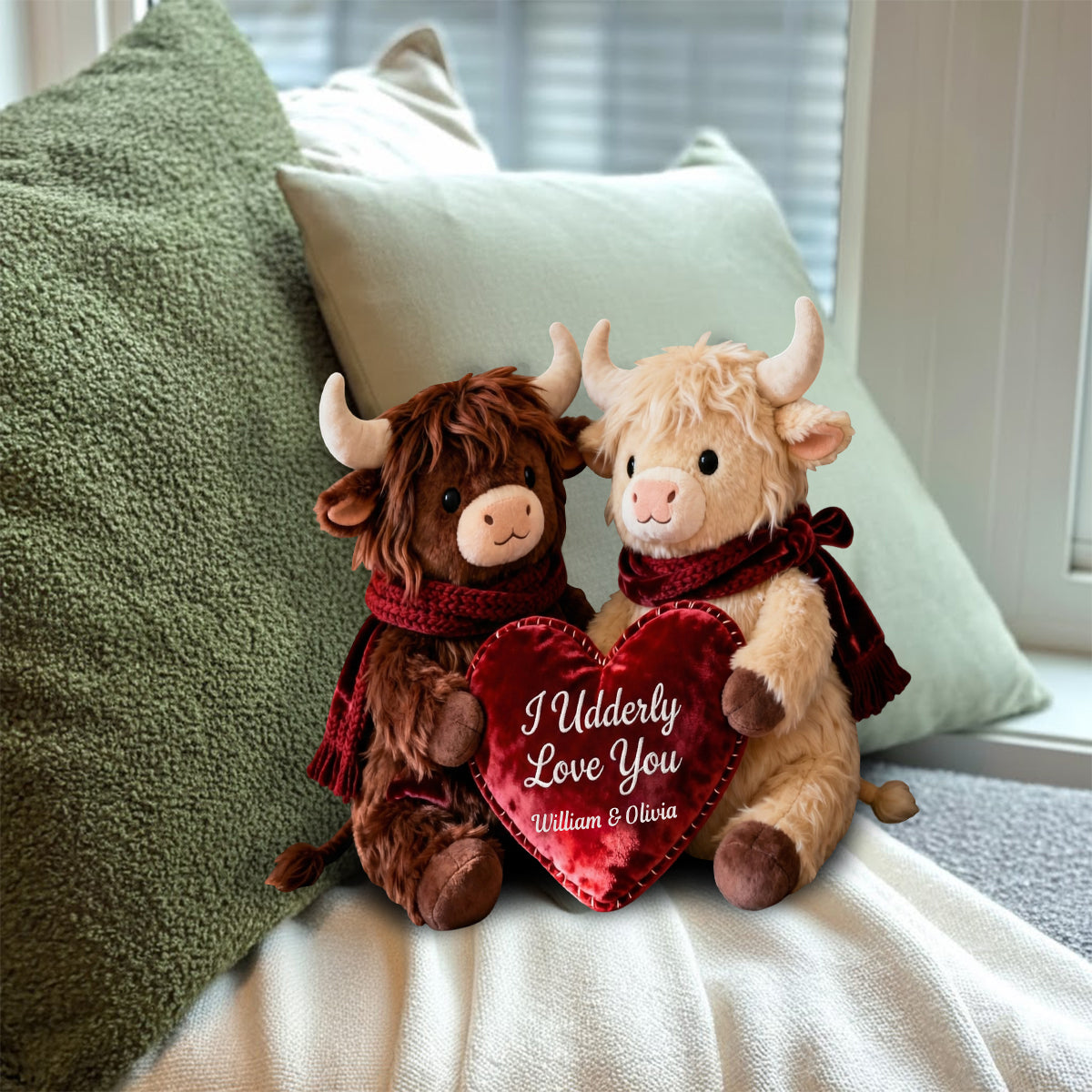 Romantic Plush Cows Holding Heart - Personalized Highland Cow Faux Fur Shaped Pillow