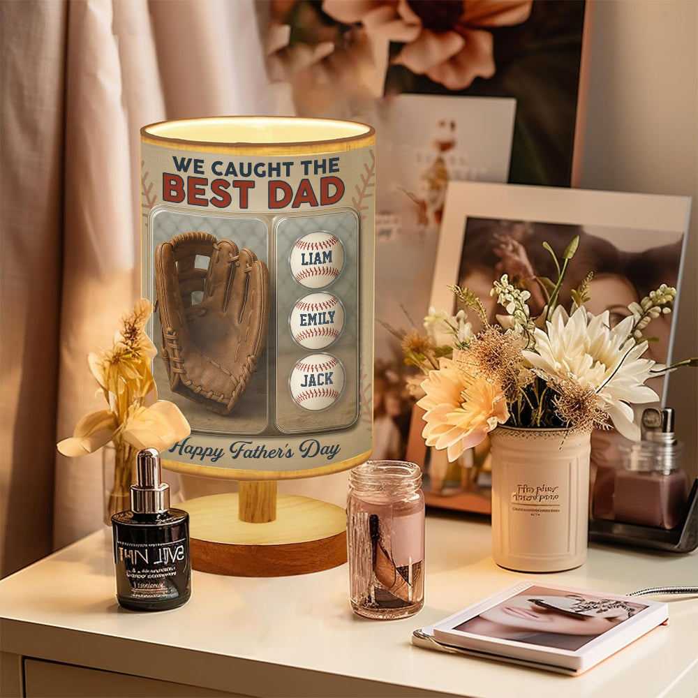 We Caught The Best Dad - Personalized Baseball Table Lamp with Wood Base
