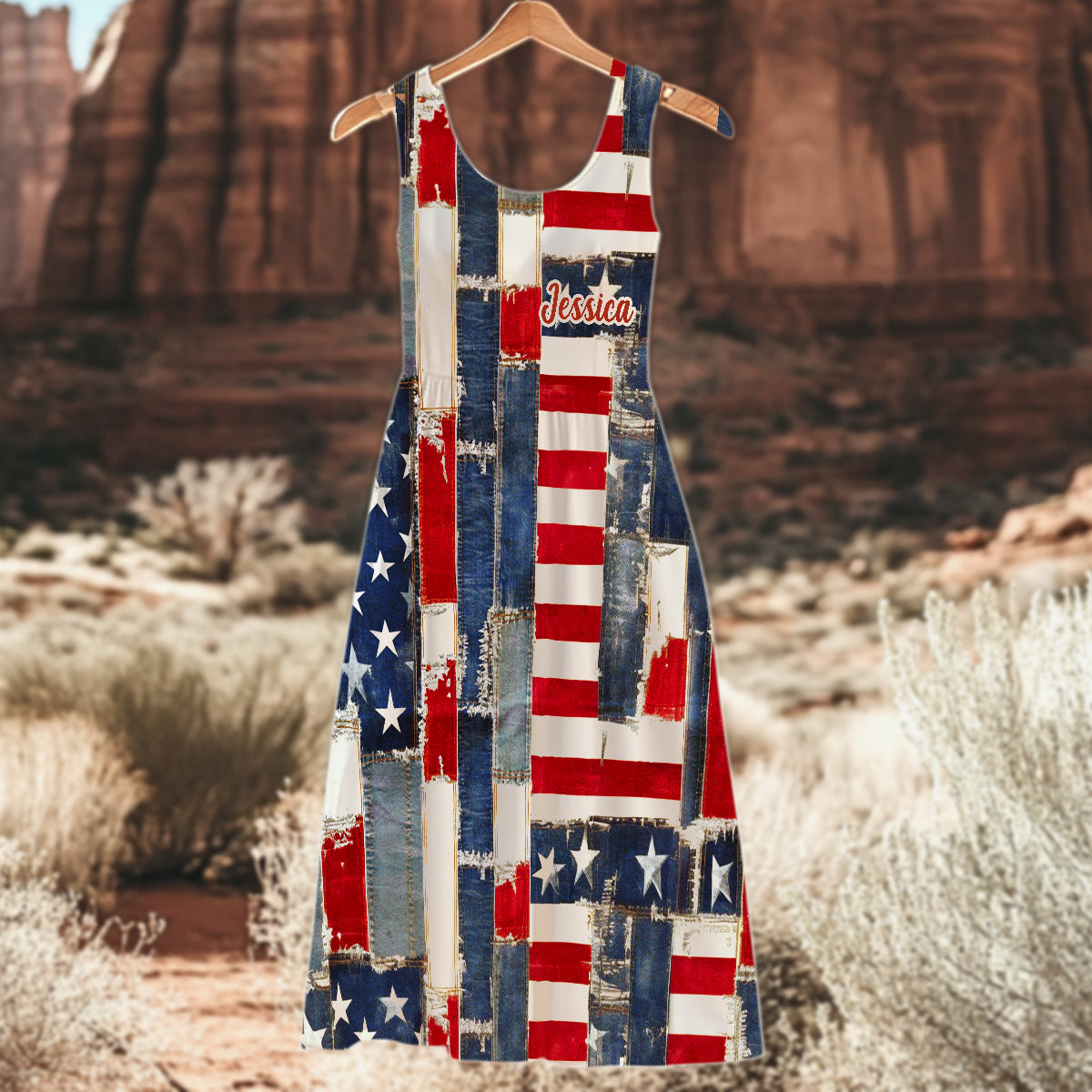 Retro American Flag Denim Floral Art - Personalized Independence Day/ 4th of July Sleeveless Dress