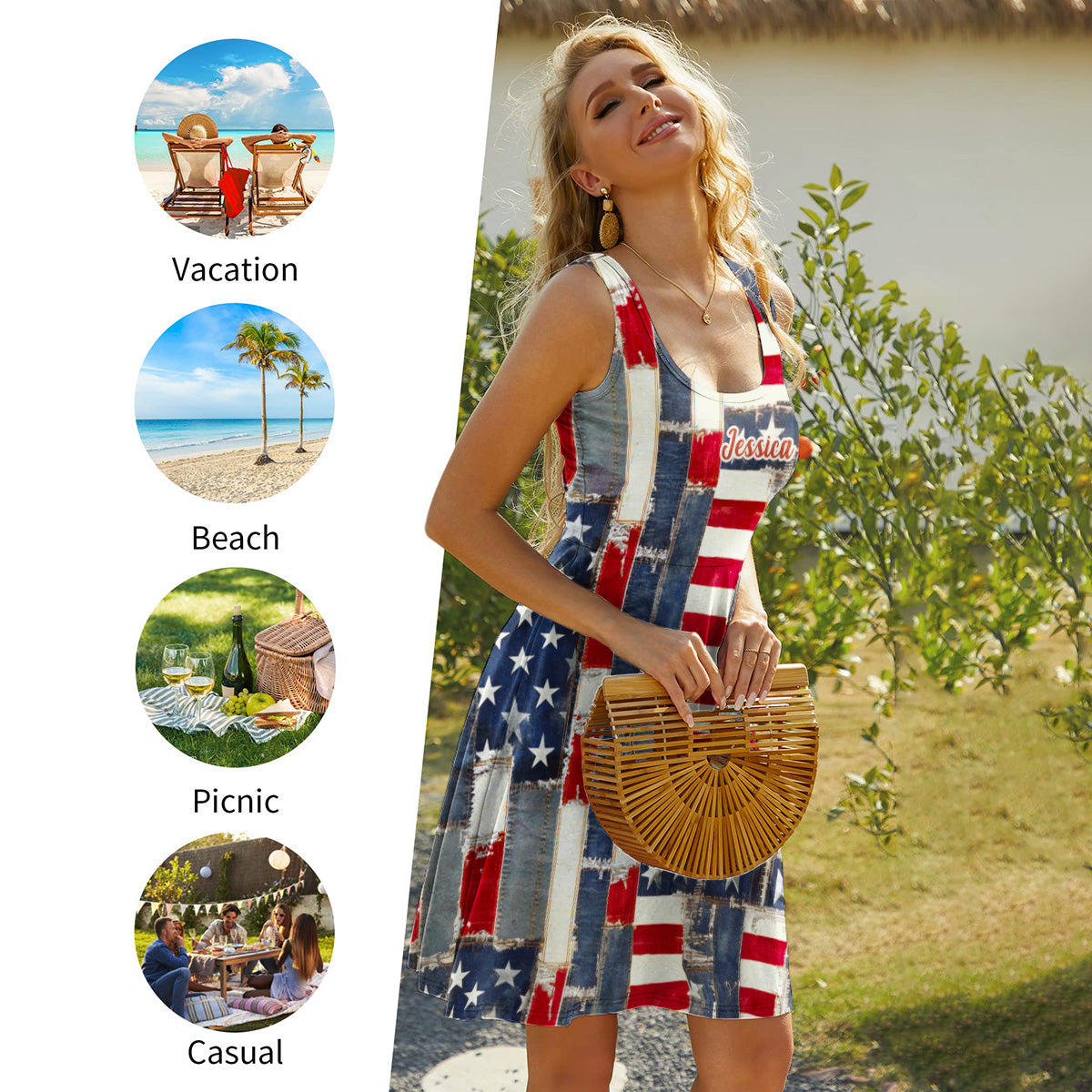 Retro American Flag Denim Floral Art - Personalized Independence Day/ 4th of July Sleeveless Dress