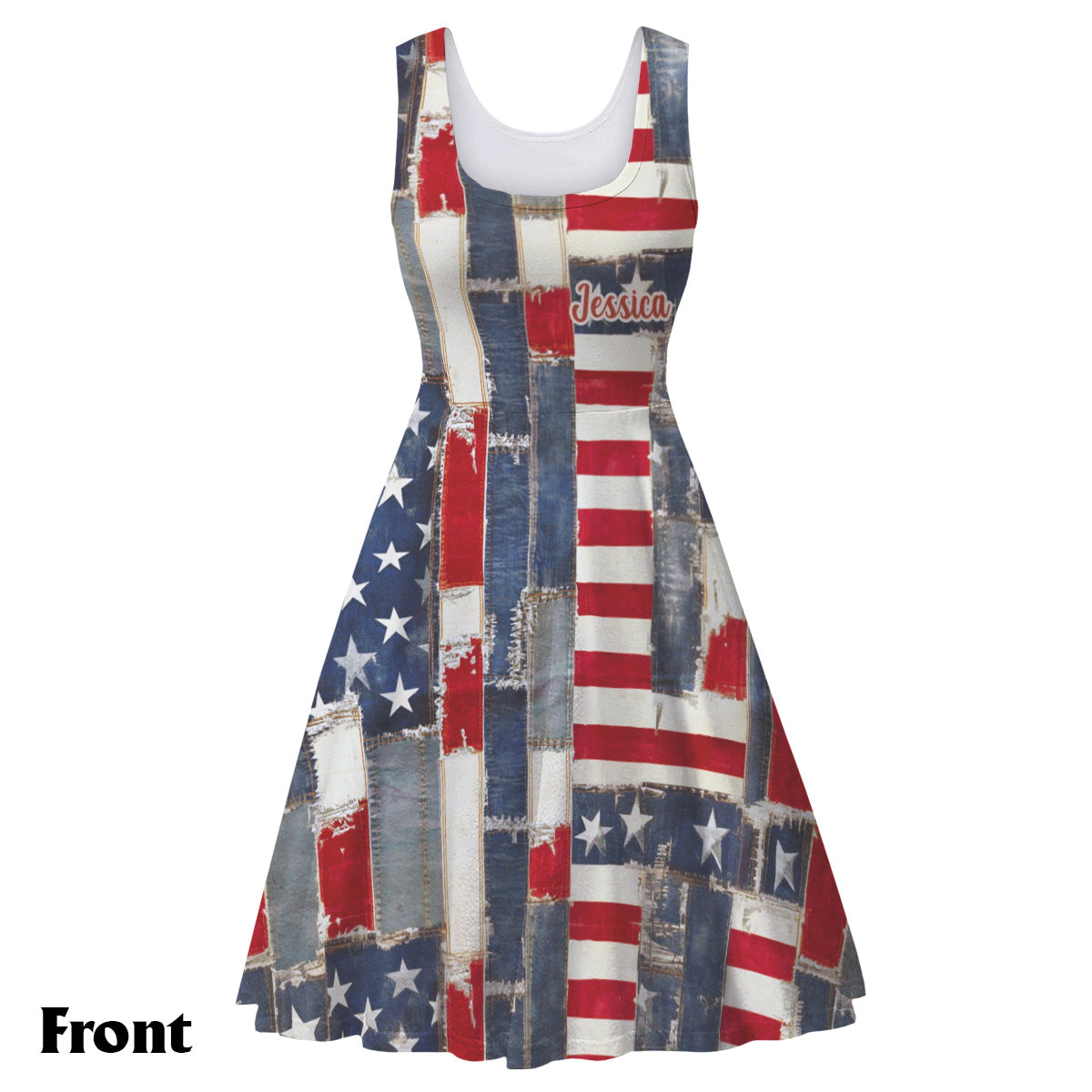 Retro American Flag Denim Floral Art - Personalized Independence Day/ 4th of July Sleeveless Dress