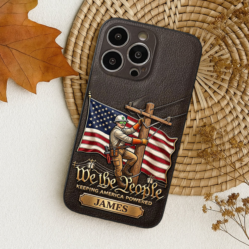 We The People - Personalized Lineman 3D Embossed Leather Phone Case