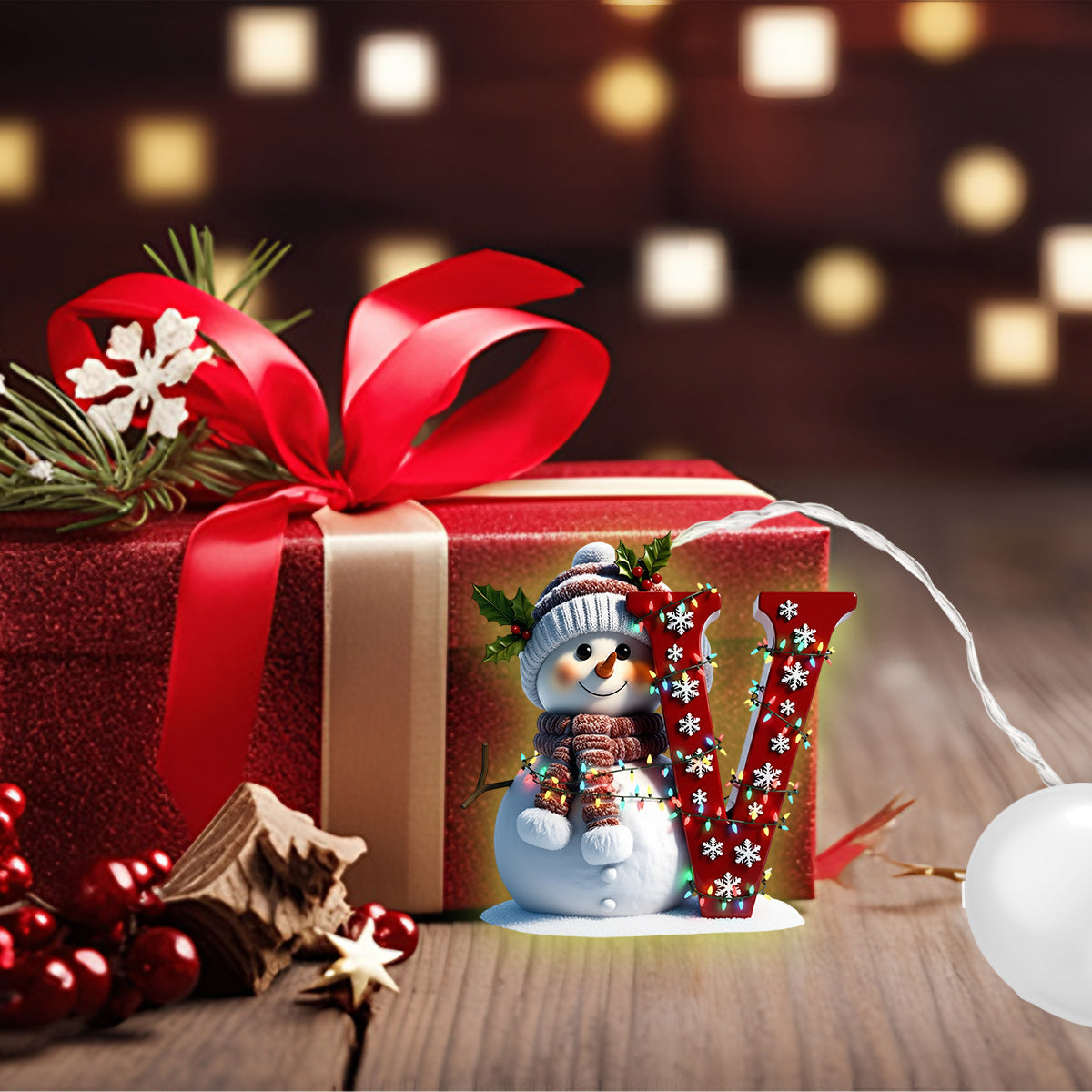 Cute Snowman Initial Alphabet - Personalized Family LED Light Ornament