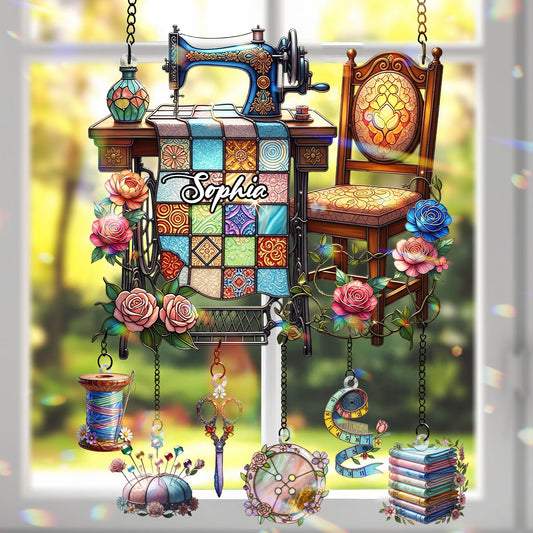 Love Sewing - Personalized Sewing Window Hanging Suncatcher With Charms